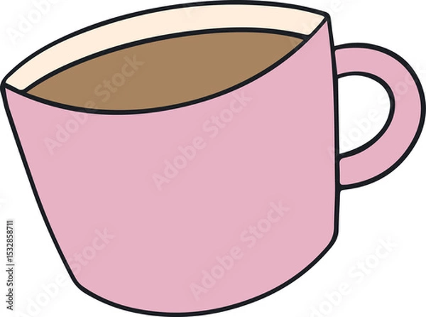 Fototapeta Pink mug is showing bold outline in flat design, filled with brown coffee, transparent background
