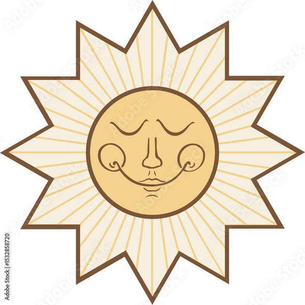 Obraz Personified sun is glowing in flat style with face, rays on transparent background, copy space