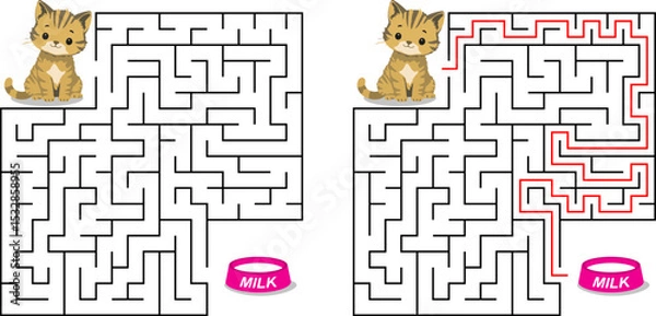 Fototapeta Help cat pass through maze to find a bowl with milk. Feed the hungry kitten labyrinth. Not hard logic game for kids and parents with solution isolated on white background.