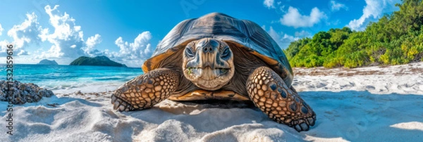 Fototapeta Aldabra giant tortoise resting on white sand beach with tropical ocean and green foliage under blue sky panorama