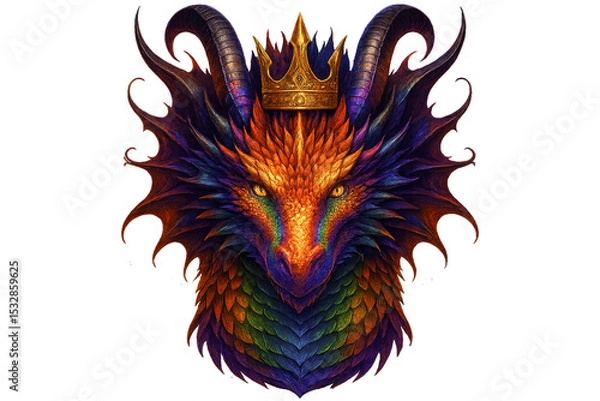 Obraz Dragon Head with Crown – Majestic Fantasy Beast Portrait in Rainbow Scales and Royal Horned Design