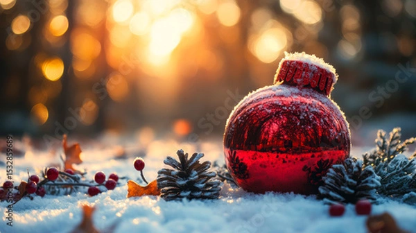 Fototapeta Red Christmas ornament in snow with pine cones and red berries festive winter holiday decoration with warm bokeh background sunlight glow