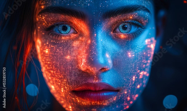 Fototapeta Close-up portrait of woman face illuminated by glowing digital orange and blue futuristic AI technology light particles and data grid pattern