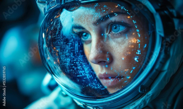 Fototapeta Close-up of female astronaut helmet reflection with digital data overlay in deep space exploration technology concept