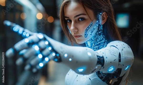 Fototapeta Close-up of futuristic female humanoid robot with illuminated blue circuits and artificial intelligence pointing forward in dark environment