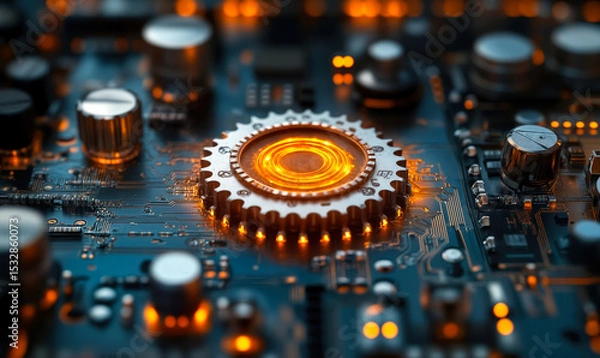 Fototapeta Close-up of futuristic glowing orange gear wheel and electronic components on high-tech circuit board with blue background for technology concept
