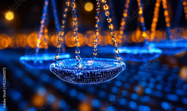 Fototapeta Digital scales of justice composed of glowing blue circuitry with golden chains symbolizing law technology and innovation in legal industry concepts