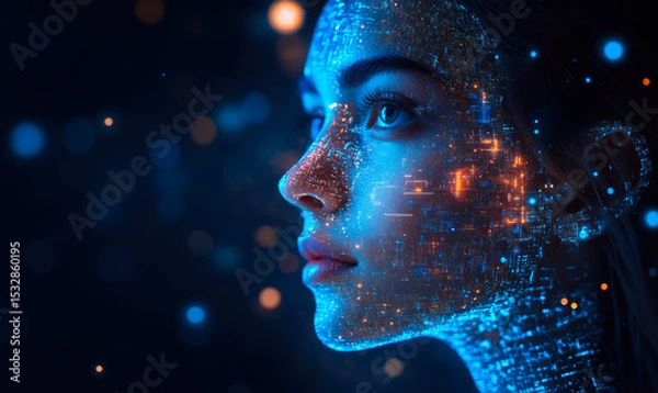 Fototapeta Digital artificial intelligence woman profile with glowing data points and futuristic technology overlay in deep blue color scheme
