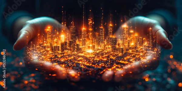 Fototapeta Futuristic glowing digital cityscape hologram held in hands representing smart technology innovation in urban development