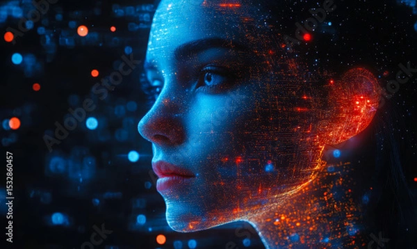 Obraz Futuristic female face portrait with digital data grid and glowing particles overlay symbolizing artificial intelligence and human computer interaction technology concept