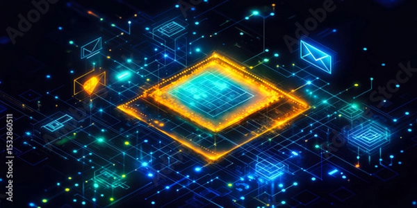 Fototapeta Glowing digital network with futuristic microchip and email icons representing secure data transfer and technology communication system in blue and orange colors