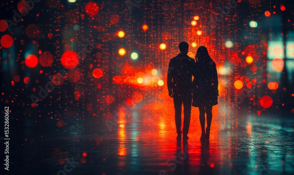 Fototapeta Silhouettes of couple walking together on wet street with colorful blurred city lights and bokeh reflections at night