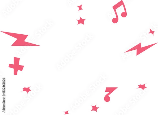 Fototapeta Flat pink icons are floating on clear background: lightning, stars, note, plus and stylized 7