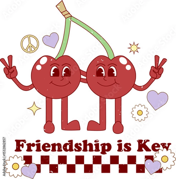 Obraz Two cherries are leaning on transparent background with peace sign, daisies and 'Friendship is Key'