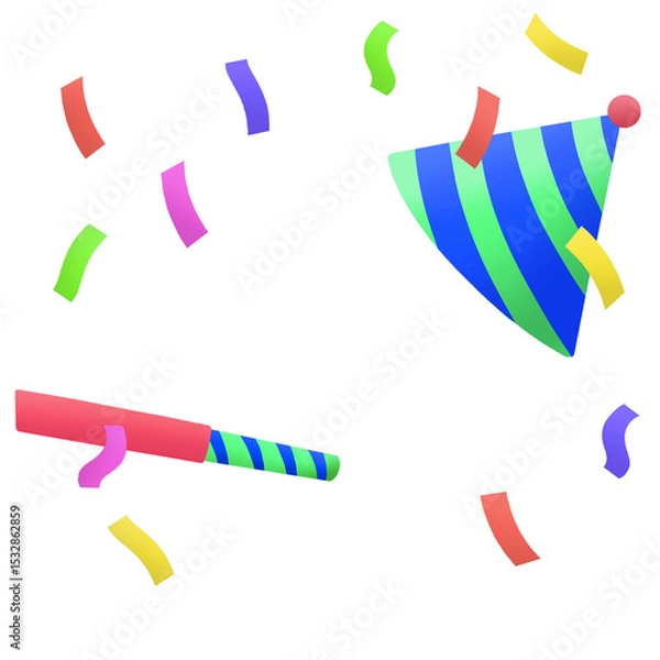 Fototapeta Striped cone hat, party blower, confetti pieces are floating on transparent backdrop in flat design