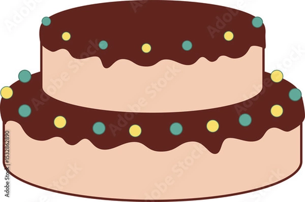 Fototapeta Two-tier cake is being shown as flat design, chocolate drip, yellow-teal sprinkles, transparent bg