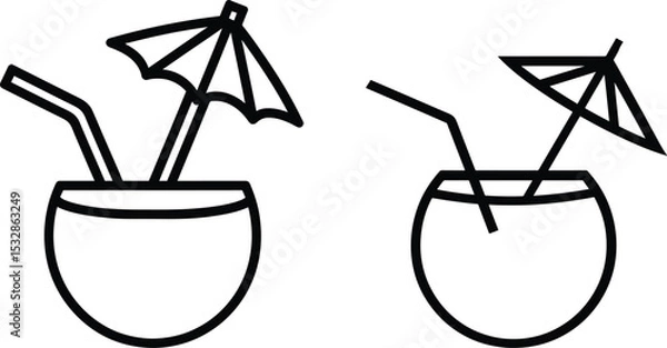 Fototapeta High quality photo of set of Coconut Drink Icon Set Green Coconut Cocktail juice with straw vector symbol in a black filled and outlined style Tropical Coconut juice with umbrella.