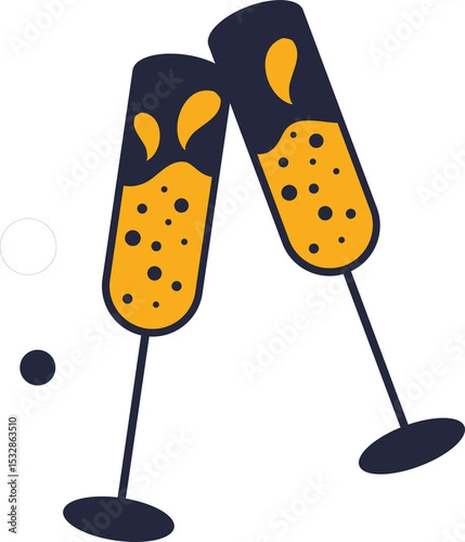 Obraz Champagne flutes are clinking in flat vector art with transparent background, yellow bubbly liquid