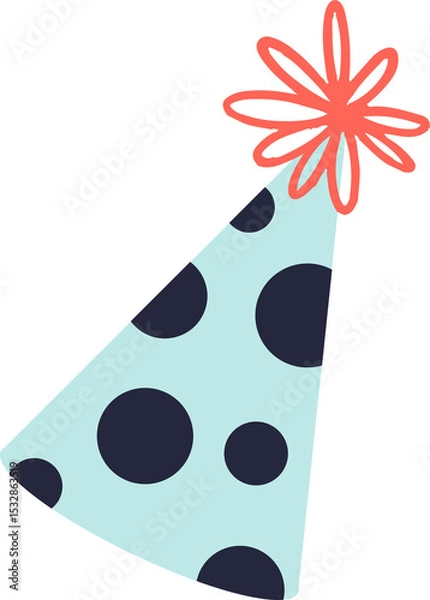 Fototapeta Festive party hat is floating on transparent background, featuring blue dots and orange ribbons