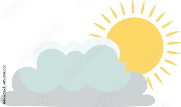 Obraz Stylized sun is partially hiding behind cloud in flat style, with yellow rays on clear background