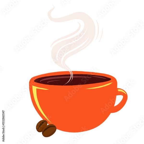 Fototapeta Steaming orange mug is floating on transparent background in flat design with dark coffee, beans