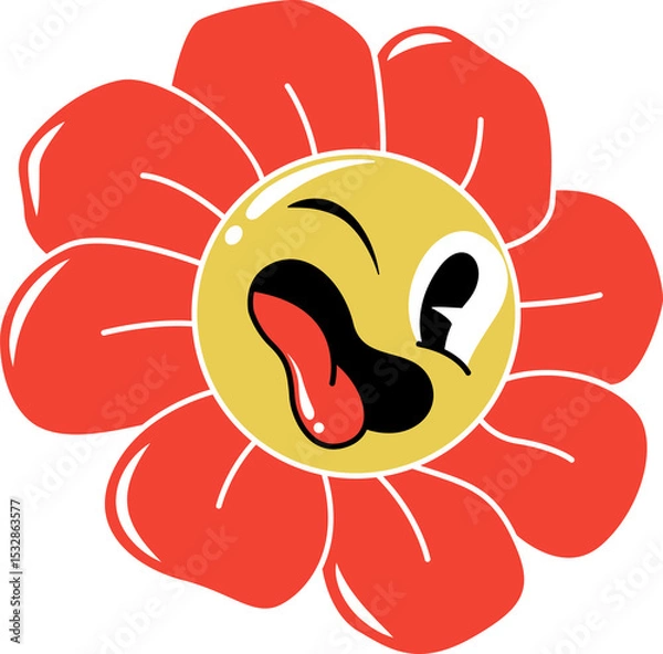 Obraz Cartoon flower is winking with red petals and playful face in flat design on transparent background