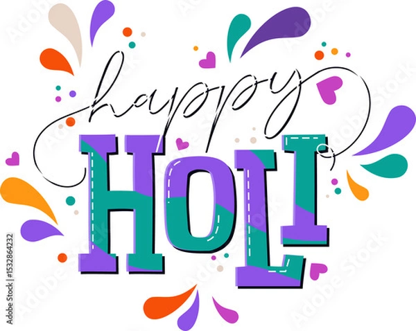 Obraz Festive Holi lettering is bursting on transparent backdrop with cursive and 3D letters and hearts