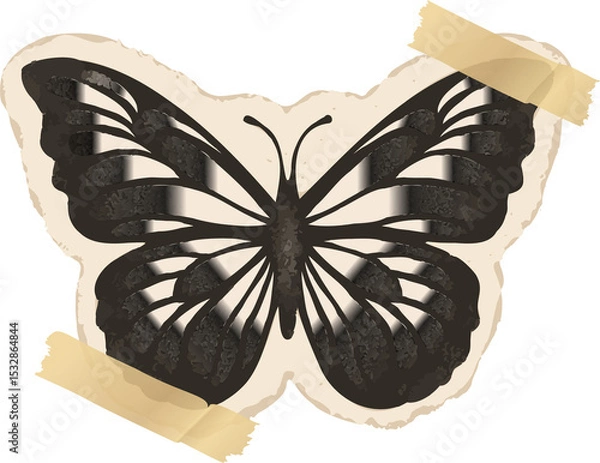 Fototapeta Flat-design butterfly is being taped to cream outline with aged tape on transparent bg, copy space
