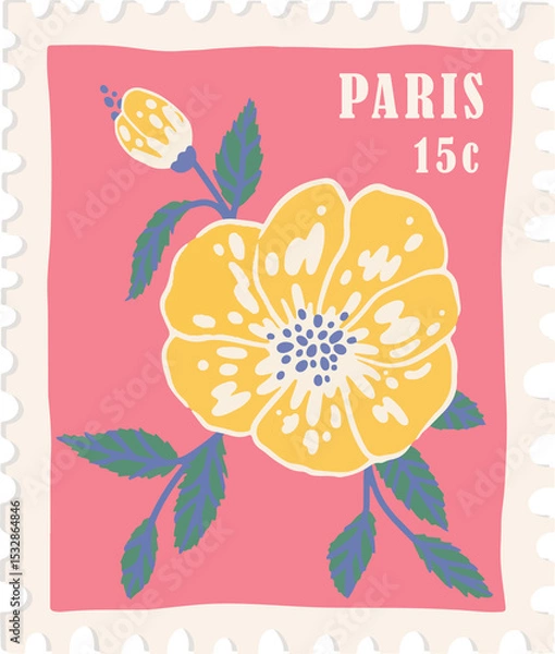 Obraz Stylized yellow flower flat stamp is showing on clear background with scalloped border PARIS 15c
