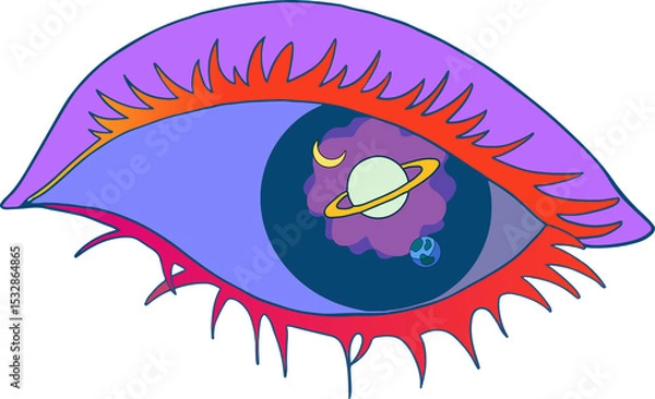 Fototapeta Stylized eye showing violet lid, red drips and long lashes, navy iris hosting planet, transparent