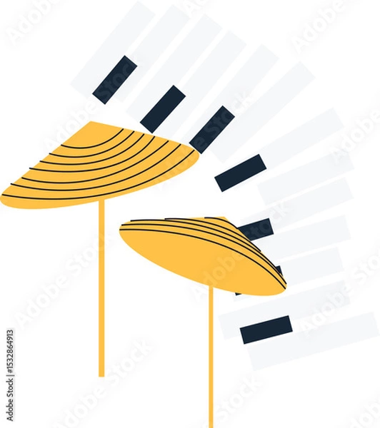 Fototapeta Flat musical motif is showing mustard discs on stands alongside duotone keys on transparent canvas