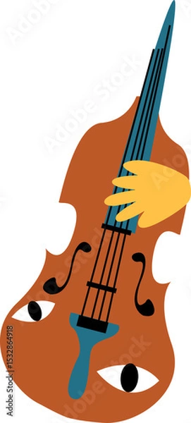 Fototapeta Flat design showing brown violin with eyeballs and yellow hand on blue neck, transparent background