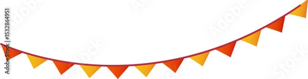 Fototapeta Flat bunting is hanging on red rope with orange and yellow triangular flags, transparent background