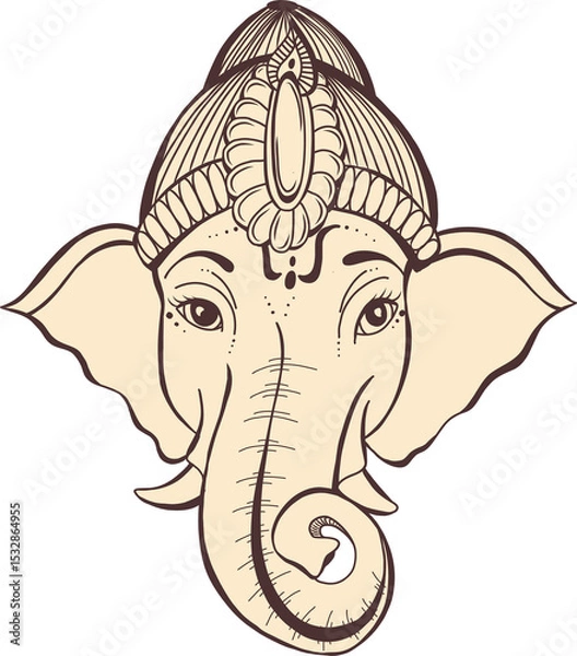 Fototapeta Stylized line-art elephant head is showing curling trunk and ornate crown on transparent background