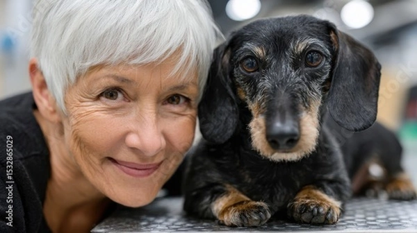 Fototapeta Smiling elderly woman lovingly poses with her dachshund highlighting their affectionate bond