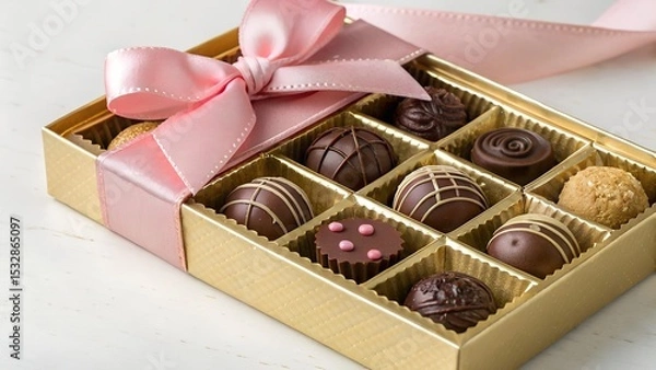 Fototapeta Assorted Chocolate Truffles in Gold Gift Box with Pink Bow.