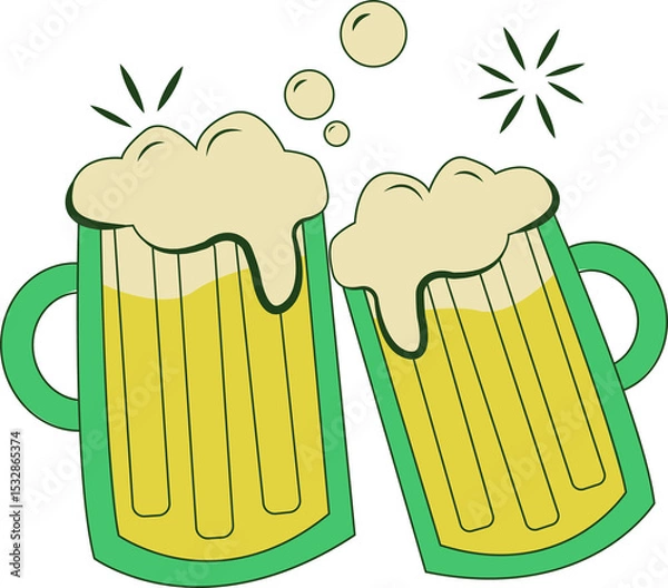 Fototapeta In flat design on transparent background, two beer mugs are clinking with foam bubbles, starbursts