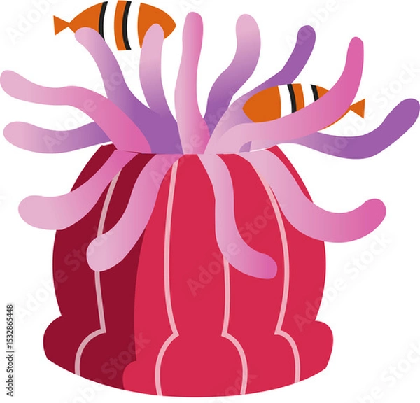 Fototapeta Stylized sea anemone holding two clownfish is waving over transparent background, flat design