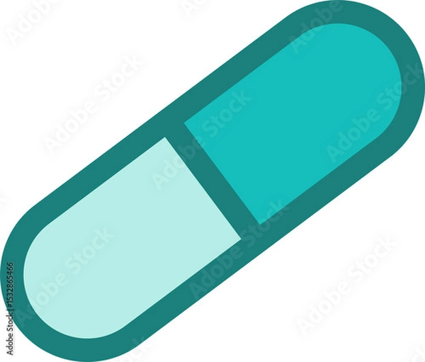 Fototapeta Light cyan and teal capsule pill is floating diagonally on transparent background in flat design