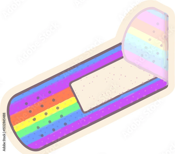 Fototapeta Cartoon flat rainbow-frosted pastry is sitting on transparent background, showing bitten corner