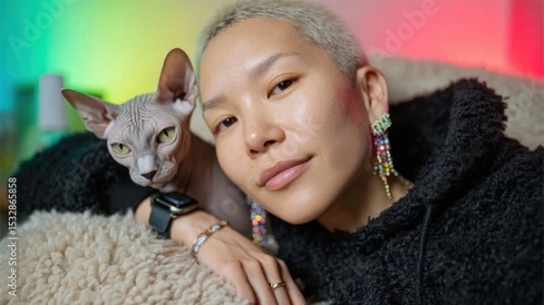 Fototapeta A person with short hair and unique earrings poses with a Sphynx cat on a fluffy blanket