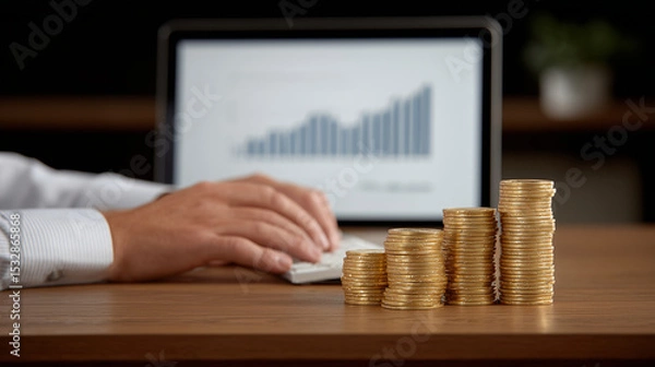 Fototapeta Digital Budgeting: Tracking Expenses with Glowing Charts and Neat Coin Stacks