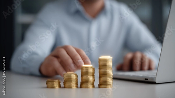 Fototapeta Digital Budgeting: Tracking Expenses with Glowing Charts and Neat Coin Stacks