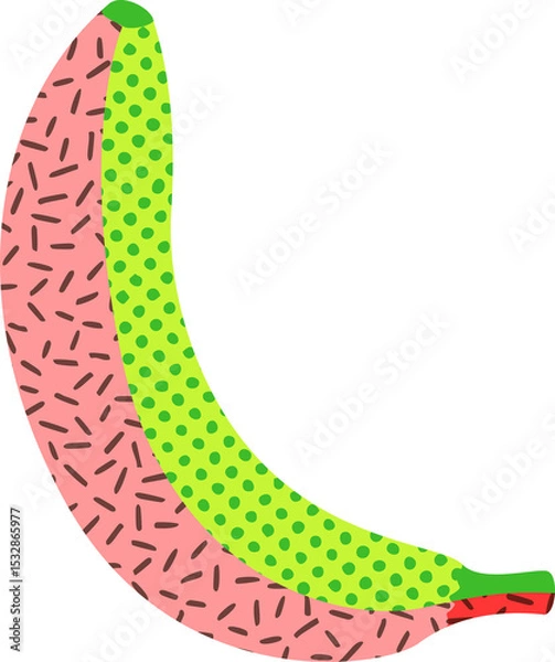 Fototapeta Flat banana is showing split pink green halves, sprinkles, dots, stem, red tip on transparent field