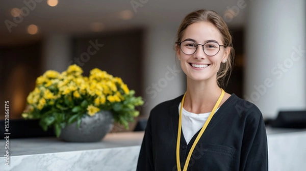 Fototapeta Hotel Manager Elevating Guest Experience with Fresh Flowers at Welcome Desk