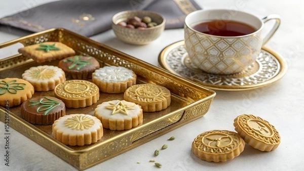 Fototapeta Golden Tray of Eid Cookies and Tea.