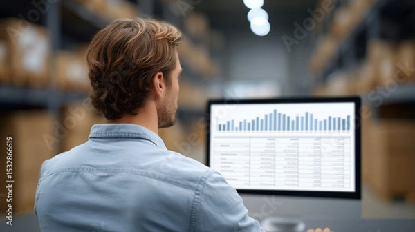 Fototapeta Warehouse Manager Analyzing Data on Desktop in Organized Logistics Center