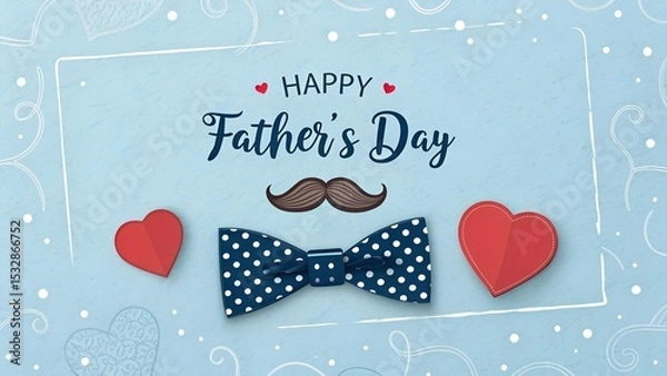 Fototapeta Happy Father's Day Greeting Card Design with Dotted Bow Tie, Mustache and Red Heart on Blue Background. Celebration Illustration for Dad.