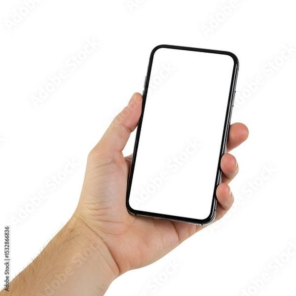 Fototapeta A hand holding a smartphone with a blank white screen, isolated on white background
