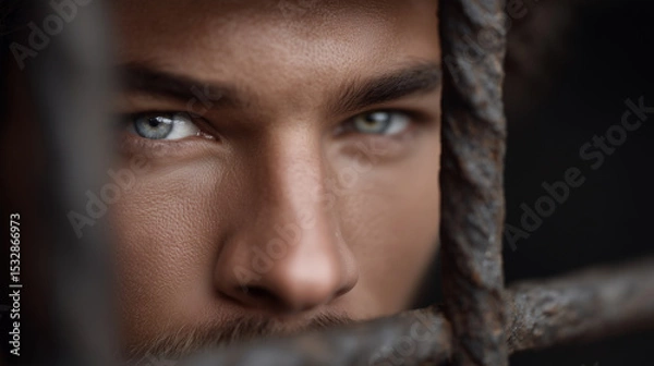 Fototapeta Regretful Prisoner Gazing Through Rusty Bars